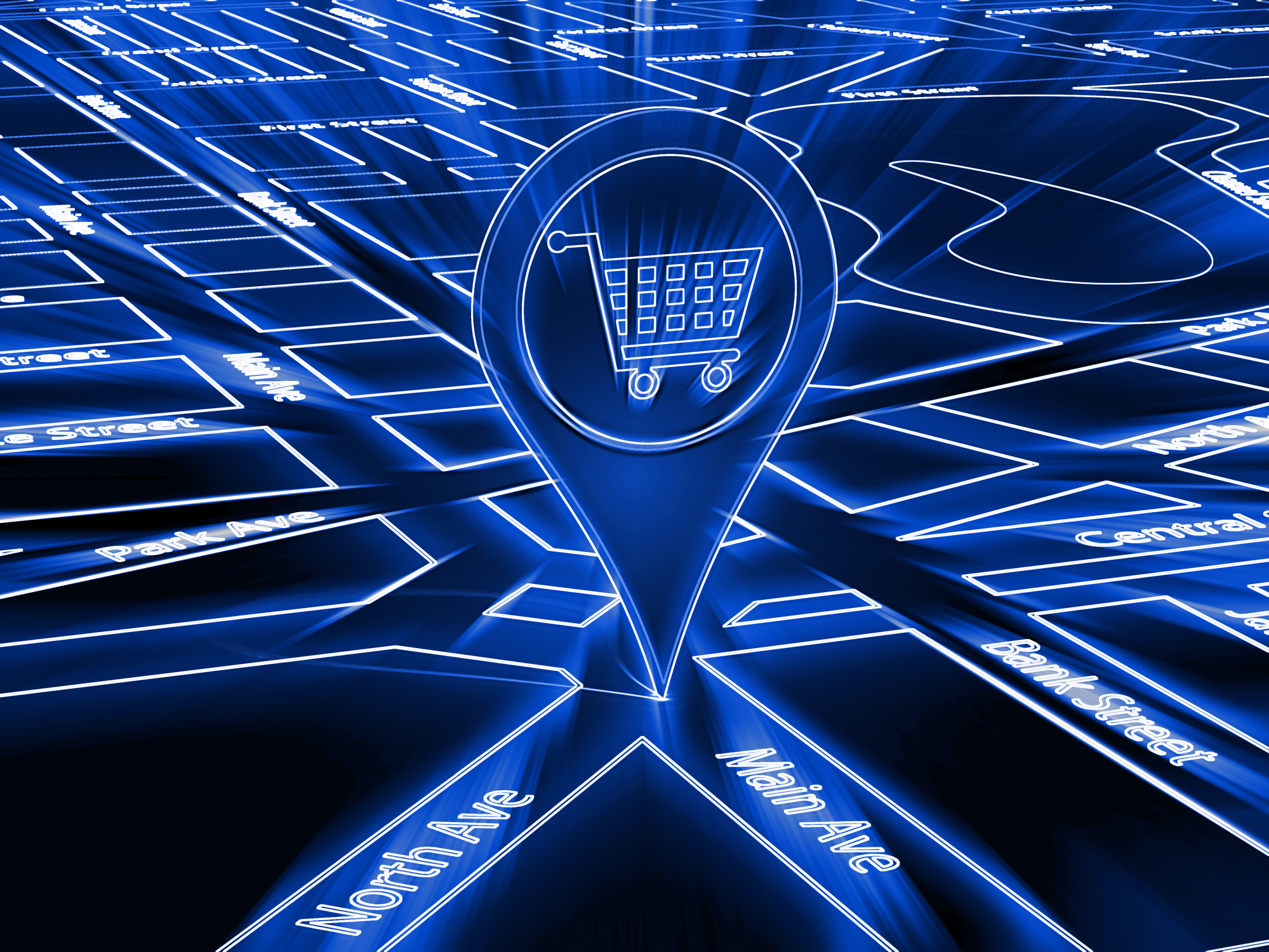 Gps navigation road map pin shopping cart supermarket